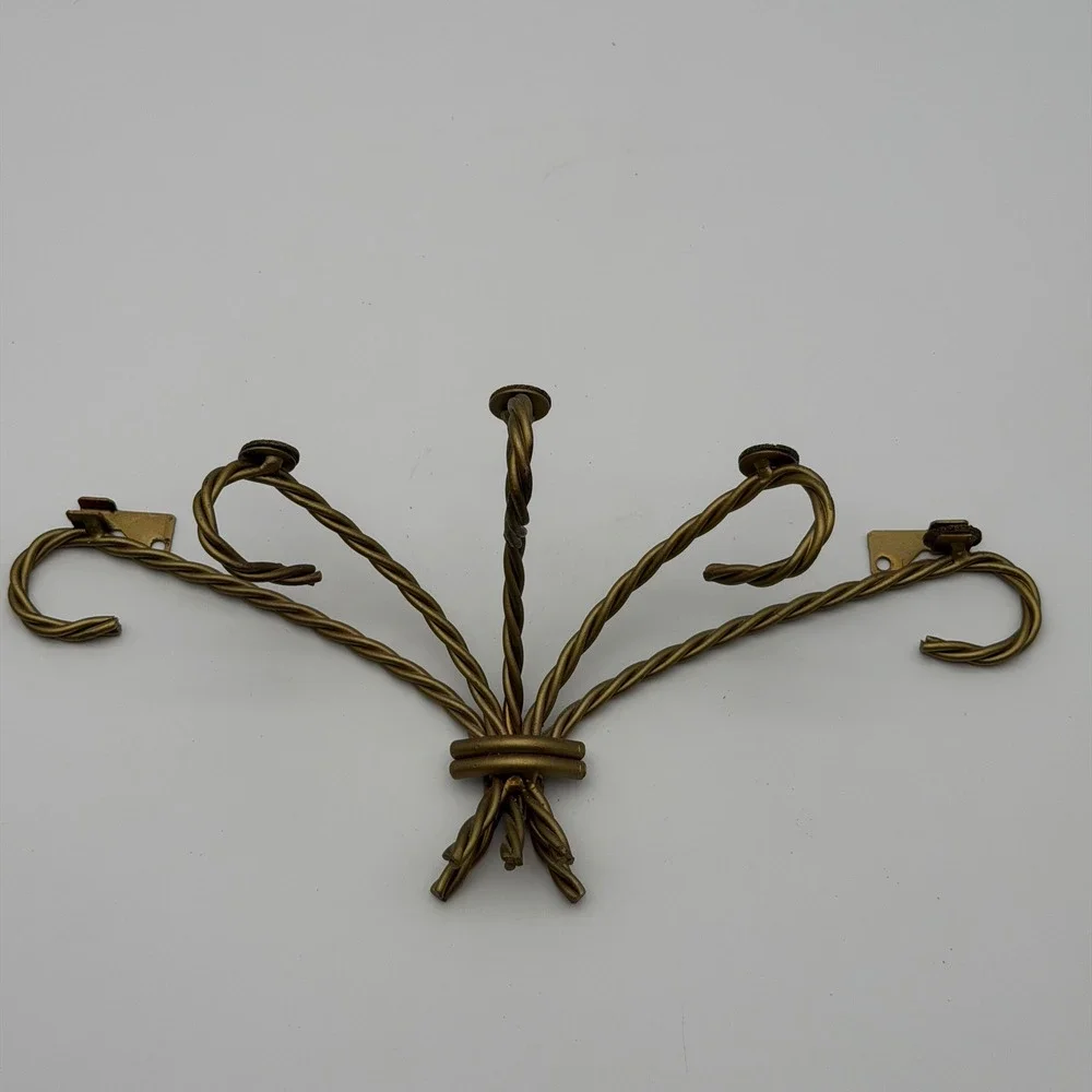 Vintage Gold Twisted Wire 5 Hook Wall Rack Mid Century Modern Wheat Sheaf Style